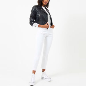 แจ็คเก็ตหนังแฟชั่นผู้หญิงสีพื้นและลายพื้นเรียบ ดีไซน์ครอป แขนยาว - Product Image 3