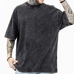 Camiseta de algodón negra lavada de corte oversize para hombre, manga corta, cuello redondo, estilo urbano, color liso, camiseta oversize para hombre - Product Image 3
