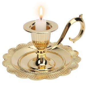 Gold Brass Chamberstick <b>Candle</b> Holder Handled Taper Stand Vintage Scalloped <b>Tray</b> Base Candleholder Home Table Wedding Decoration - Product Image 1