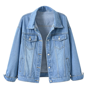 Veste en jean unisexe décontractée à col rabattu, fermeture boutonnée, coupe courte, coton délavé, coupe classique - Product Image 2