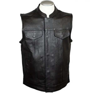 Chaleco de Cuero Genuino Negro para Motociclistas, Diseño Clásico con Cierre de Broches, OEM Disponible - Product Image 1