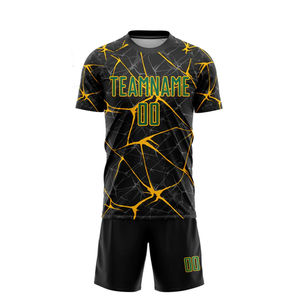 Ensemble de maillots de football personnalisés noir et jaune à motif craquelé, imprimé par transfert thermique, respirant, anti-humidité, unisexe, adulte, manches courtes - Product Image 2