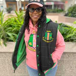 AKA Black Green Hooded Puffer <b>Vest</b> Sherpa Lining Unisex Warm Winter Jacket Greek Letter Premium Insulated Zip Up Fit Streetwear - Product Image 3