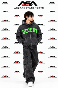 Sweat-shirt à capuche zippé surdimensionné pour homme, style streetwear, avec impression graphique personnalisée, effet délavé à l'acide. - Product Image 1