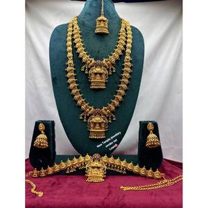 Traditional South Indian Temple Long Bridal Necklace <b>Set</b> Alloy <b>Gold</b> Plated Zircon Earrings Vintage Wedding Anniversary Party - Product Image 1