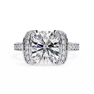 Bague de fiançailles en moissanite ronde brillante, argent 925 plaqué rhodium, sertissage clos, bande pavée, style classique pour femme - Product Image 1