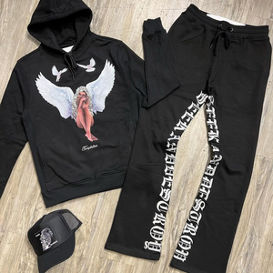 Survêtement pour homme noir respirant à capuche avec imprimé ange, manches longues, cordon de serrage, pantalon de survêtement avec poches latérales, vêtements d'automne - Product Image 2