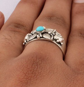 Wholesale 925 Sterling <b>Silver</b> Natural Turquoise Bezel Setting Classic Wedding Party Floral Leaf Motif Wide Band <b>Statement</b> <b>Ring</b> - Product Image 2