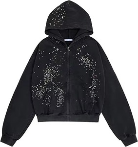 Al por mayor, sudaderas con capucha y chaquetas con capucha de invierno, ecológicas, de forro polar, con cremallera y pedrería, informales, unisex, holgadas, con cristales - Product Image 4