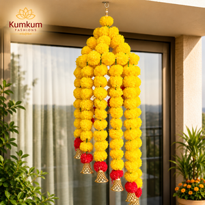 Artificial Marigold <b>Flower</b> Chandelier Hanging 3 ft Long Traditional Vintage Modern Wedding Jhoomar Bells Home Temple Door Decor - Product Image 2