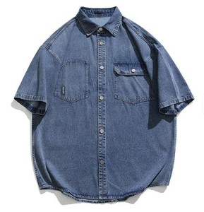 Camisa de mezclilla de manga corta para hombre, corte holgado, cuello vuelto, color liso con bolsillos, ropa informal de verano - Product Image 6