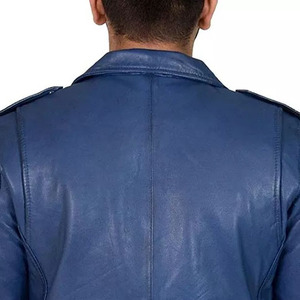 Veste de moto pour homme en cuir véritable bleu, imperméable, respirante, col rabattu, fermeture éclair, coupe ajustée, poches avec ceinture, automne - Product Image 2