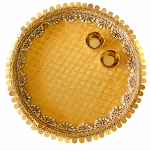 Plato de Puja Decorativo de Acero Recubierto de Brocado de Diseño para el Festival Raksha Bandhan, Regalo para el Festival Aarti Thali - Product Image 1