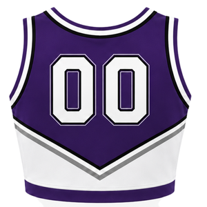 Haut court de cheerleading pour femme, violet, blanc et argenté, sans manches, col en V, pour performance athlétique, uniforme d'équipe de cheerleading, compétition sportive - Product Image 2
