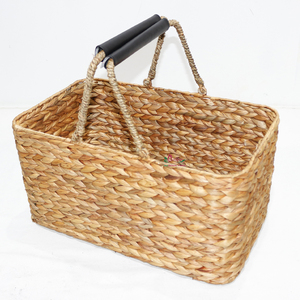<b>Rectangular</b> Water Hyacinth Rustic <b>Storage</b> <b>Basket</b> with Black Handles Handcrafted Eco-Friendly for Laundry Room Organization - Product Image 3