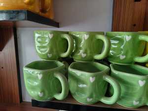 Green Ceramic <b>Mugs</b> Set With <b>Heart</b> Pattern Cute Design For Home Use Dishwasher And Microwave Safe Reusable Drinkware - Product Image 1