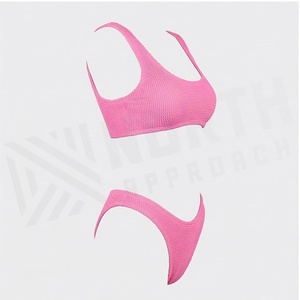 Ensemble de bikini rose en tricot NORTH APPEAL, haut bandeau à col rond, bas string, couleur unie, maillot de bain extensible pour femmes - Product Image 3