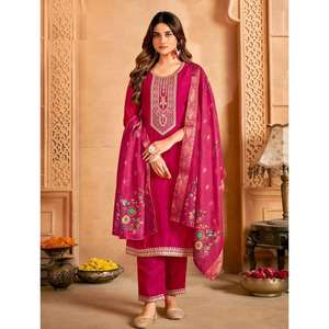 DISEÑADOR VICHITRA BORDADO DE SEDA TRABAJO FONDO SUPERIOR CON DUPATTA ROSA - Product Image 1