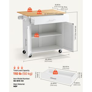 Îlot de cuisine en bois massif avec rangement, chariot mobile de 42,28 pouces de large avec roulettes pivotantes et tiroir - Product Image 3