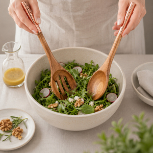 Acacia Wood Salad Server Set with Rose <b>Gold</b> Hammered Copper Handles Eco-Friendly Wooden <b>Serving</b> <b>Spoons</b> and Fork for Home - Product Image 4