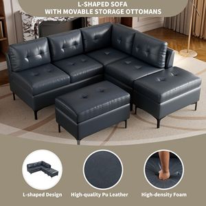 Divano Angolare a L in Pelle PU da 240 cm con Pouf Contenitore Mobili e Spostabili per Soggiorno - Product Image 6