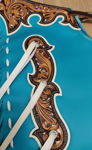Chaps de Cuero Turquesa para Rodeo con Yoke Floral Repujado, Ajustables, para Equitación Western, Equipo de Exhibición para Vaqueras con Flecos - Product Image 6