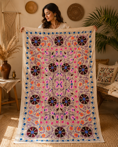 Couvre-lit en coton Suzani fait main de qualité supérieure, beige, rose, orange, broderie florale, style indien bohème, artisanat ethnique, décoration d'intérieur - Product Image 5