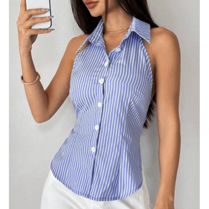 เสื้อคอ halter ลายทางผูกเอว เสื้อครอปติดกระดุม เสื้อคอ halter โชว์หลัง ลายทางรัดเอว เสื้อทรงบลาวส์สำหรับฤดูร้อน - Product Image 3