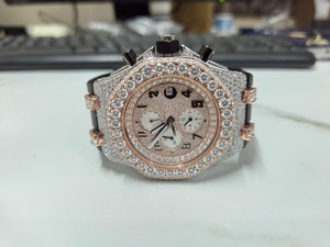 Custom Quartz <b>Watches</b> Luxury Diamond Paved Bezel Dial Chronograph Analog <b>Watch</b> Unisex <b>Black</b> Rubber Strap - Product Image 1