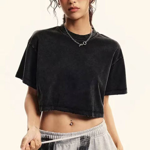 Solid Slim Washed T-Shirt Female <b>Rhinestone</b> Craft Cotton Streetwear Casual Sport Short Sleeve Cool Retro <b>Crop</b> Clothing - Product Image 2
