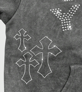 Sudadera con Capucha Extra Grande para Hombre, Personalizada con Letras y Cruz de Pedrería, Popular, de Alta Calidad, con Hombros Caídos, Lavada - Product Image 4