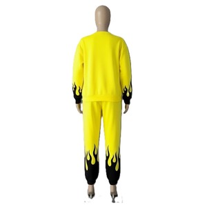 <b>Yellow</b> Flame Print <b>Tracksuit</b> Set Crew Neck Full Sleeve Sweatshirt With Drawstring Pants Unisex Casual Spring Wear - Product Image 2