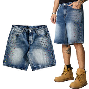 Pantalones Cortos de Mezclilla 100% Algodón Ecológico para Hombre, Estilo Vintage con Pedrería, Cierre de Cremallera, Estilo Hip Hop - Product Image 1