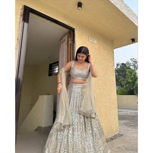 Most Trending Beautiful A-Line Lehenga Choli with Natural Waistline <b>Spaghetti</b> <b>Strap</b> Sleeves & Crop Top Elegant Embroidery - Product Image 3