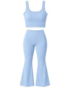 Manufacturer Customized Baby Blue Womens Seamless Yoga Set <b>Flare</b> <b>Leggings</b> And Sports Bra Gym Workout Fitness Activewear Outfit - Product Image 1
