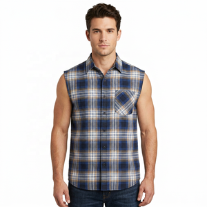 Chemises en flanelle à carreaux bleues et blanches pour hommes, dernier design, style vintage, sans manches, boutonnées, 100% coton, avec boutons-pression, OEM - Product Image 1