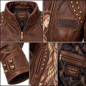 Chaqueta de cuero genuino para mujer, color marrón desgastado, estilo motero, con estampado personalizado de diosa alada, mangas con tachuelas de latón y detalles de púas. - Product Image 6