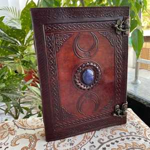 Embossed Leather <b>Ring</b> <b>Binder</b> Triple Moon Lapis Stone Grimoire - Product Image 5