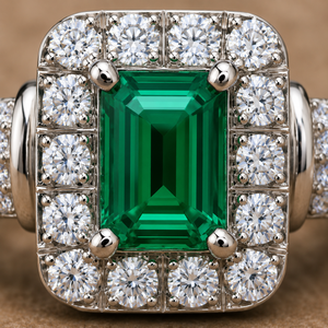 Green Emerald & Lab Grown Diamond <b>Ring</b> | White <b>Gold</b> Emerald Cut Halo <b>Cocktail</b> <b>Ring</b> OEM ODM Fine Jewelry Manufacturer - Product Image 6