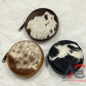 Real Handmade Hair on Hide Fur Leather Coin Change Purse Round Credit Card Holder Case Western Stylish <b>Cute</b> Small Round <b>Wallet</b> - Product Image 1
