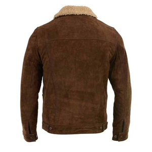 <b>Men's</b> Brown <b>Suede</b> Leather Motorcycle <b>Jacket</b> Faux Fur Stand Collar Front Casual Winter Style Color Blocking Zipper Closure - Product Image 2