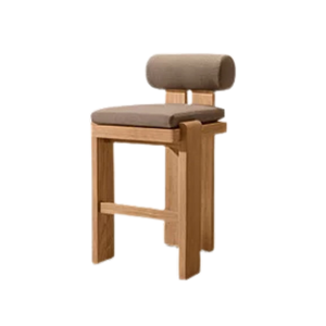 Modern Minimalist Solid Teak Wood <b>Bar</b> Chair with Upholstered Seat and Cylindrical Backrest <b>Comfortable</b> Luxury Design - Product Image 2