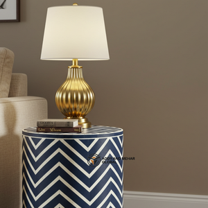 โต๊ะข้างเตียงทรงเชฟรอนฝังกระดูกสีน้ำเงินสไตล์โมเดิร์น งานแฮนด์เมด เฟอร์นิเจอร์ห้องนอนสุดหรู โต๊ะไม้ทรงกลมสำหรับห้องนั่งเล่น - Product Image 5