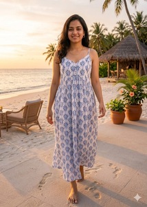 เดรสยาวทรงเอผ้าฝ้ายทอมือพิมพ์ลายบล็อก สายเดี่ยวสไตล์โบฮีเมียนสำหรับผู้หญิง เหมาะสำหรับใส่ไปชายหาด ฤดูร้อน เนื้อผ้าน้ำหนักเบา สไตล์อินเดีย ธรรมชาติ - Product Image 3