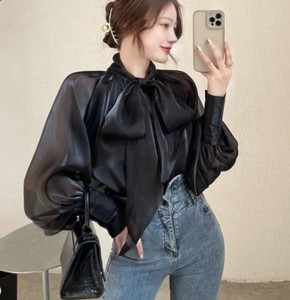 Blusa Elegante de Satén para Mujer con Lazo, Manga Abullonada, Corte Holgado, Color Sólido, Manga Larga para Uso Diario - Product Image 1