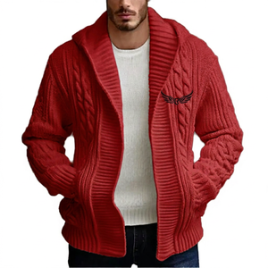 <b>Men's</b> White Knitted Open Front Thick Cable Knit Casual Winter Sweater <b>Jacket</b> Regular Fit Solid Color Turn-down Collar - Product Image 2