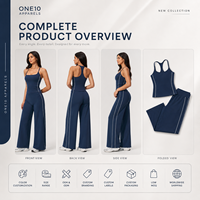 Ensemble de sport deux pièces premium pour femme, col carré, dos nageur, pantalon large, bleu marine uni, coupe courte et ample, séchage rapide