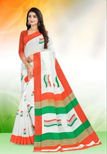 Sari indio estampado de algodón con blusa de manga corta con estampado naranja, verde y blanco para fiesta - Product Image 4