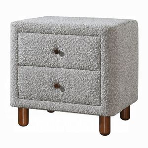 Comodino Classico in Legno Grigio con Due Cassetti, Rivestimento in Bouclé, Arredamento Camera da Letto, 1 Pezzo con Gambe in Legno - Product Image 4