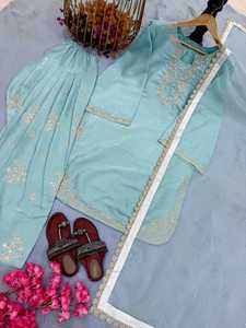 Nouvel ensemble de soirée de créateur en satin de verre pur avec broderie lourde, haut, pantalon et dupatta de haute qualité, entièrement cousu et prêt-à-porter - Product Image 2